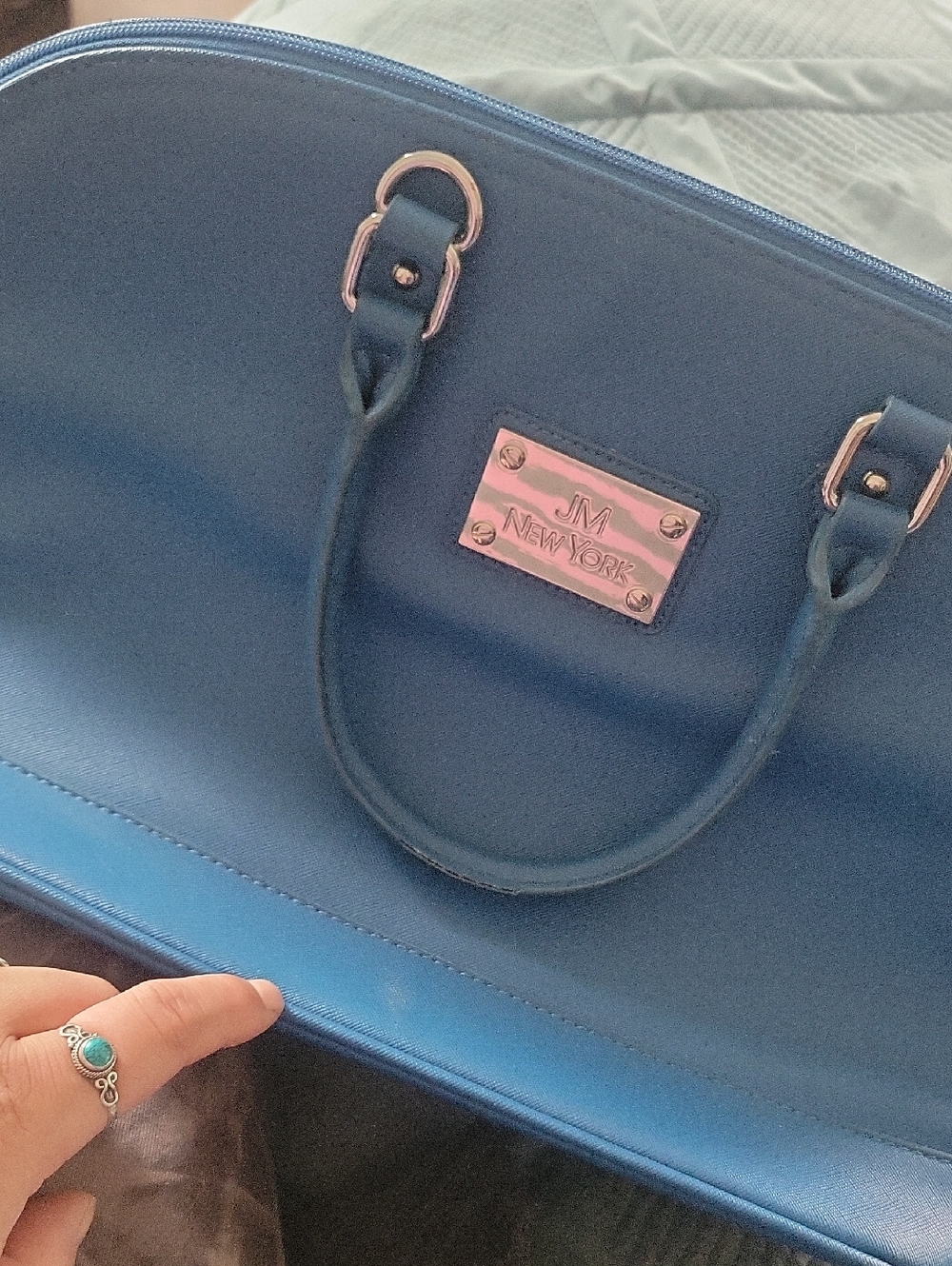 SM New York Navy Blue Dome Satchel with Rose Gold Plate